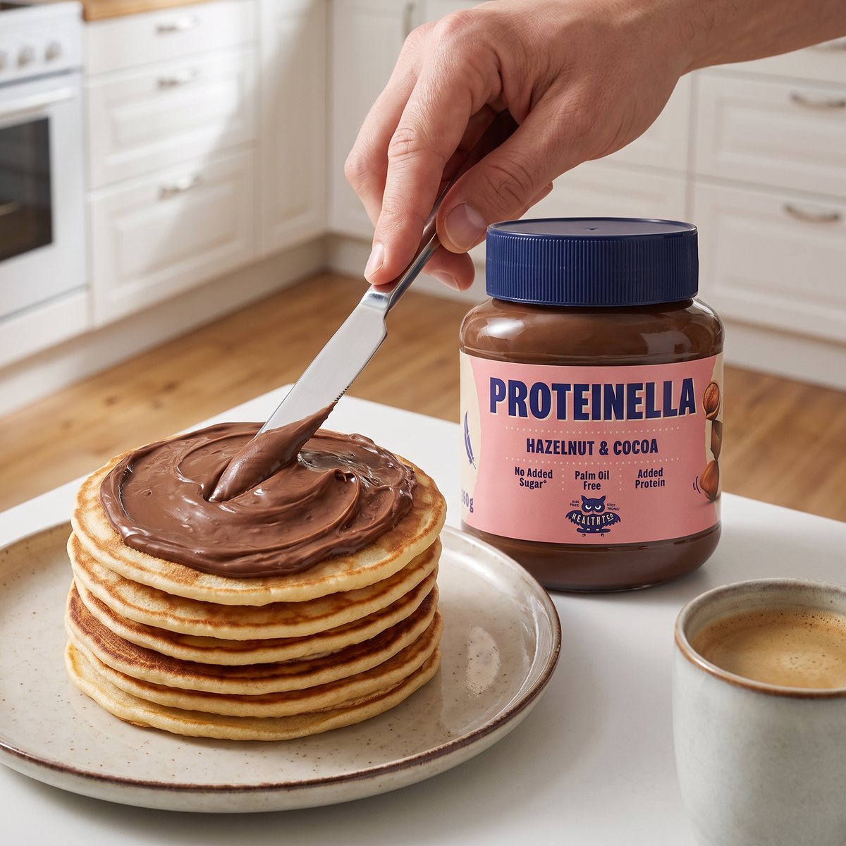 Burk med mörkblått lock och rosa etikett bredvid en pannkakstugga som bredas med chokladkräm, i ett svenskt familjekök