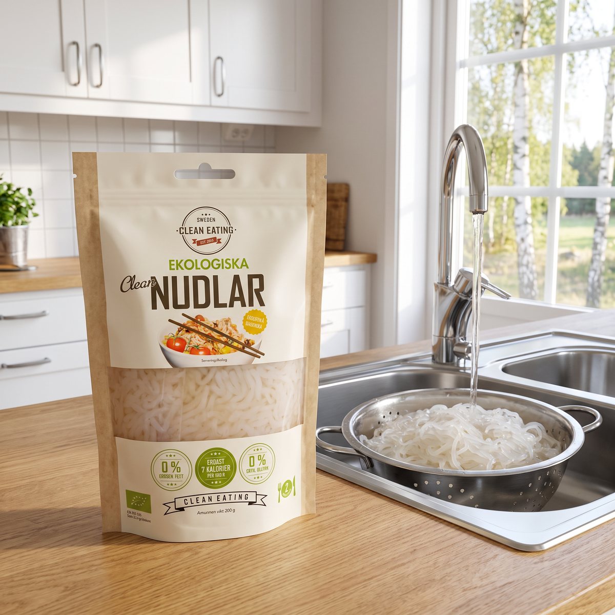 Ekologiska shiratakinudlar från Clean Eating i en förpackning på en köksbänk i ett svenskt kök, bredvid nudlar som sköljs i durkslag under kranen