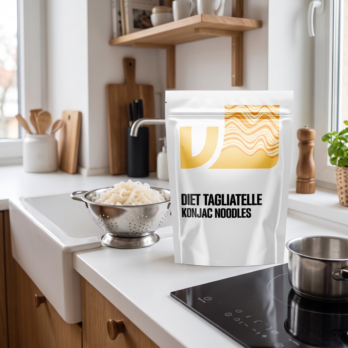 OstroVit Diet Tagliatelle Konjac Noodles i påse på en köksbänk i ett svenskt hem, bredvid ett durkslag med sköljda nudlar och en induktionshäll