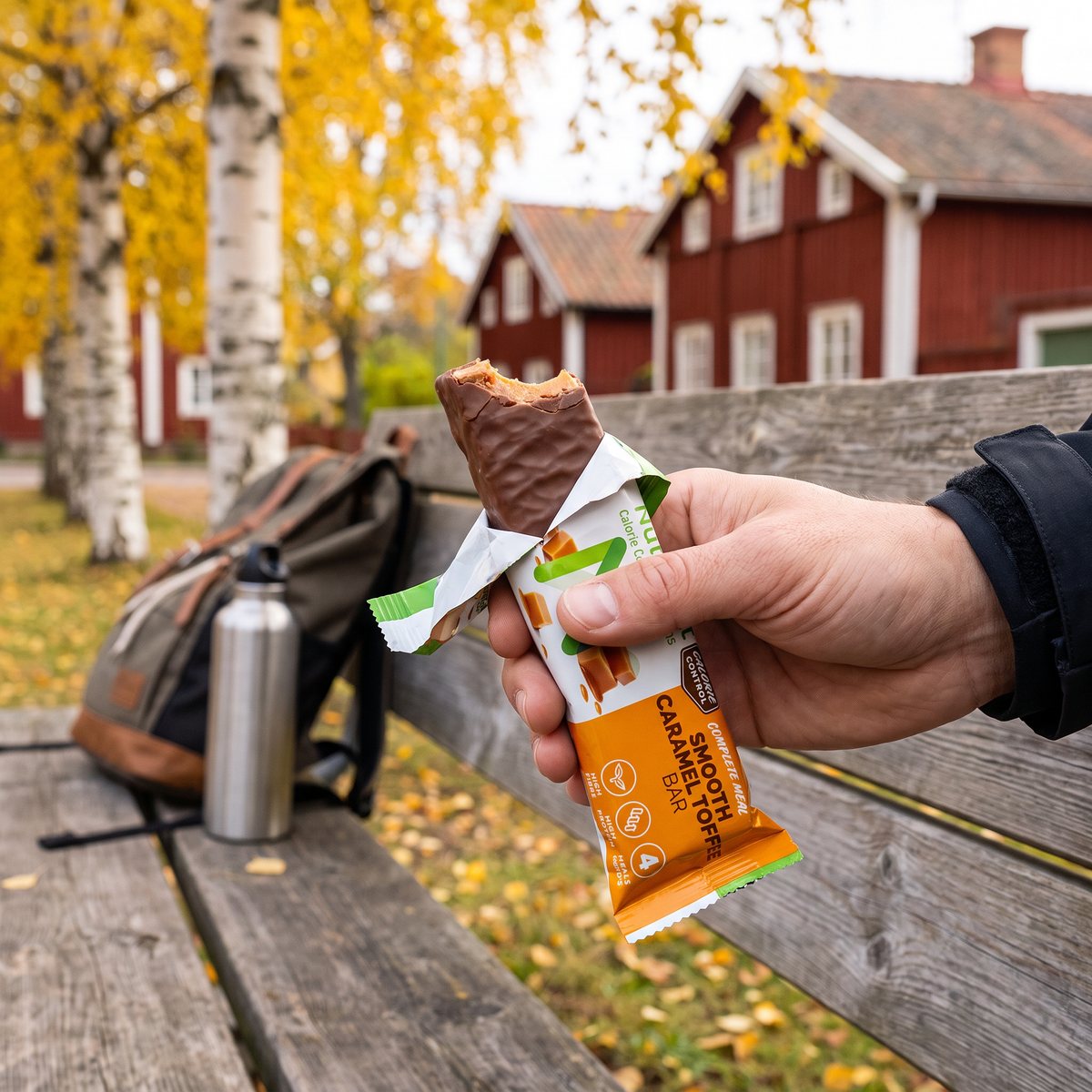 Nutrilett Smart Meal Bar Smooth Caramel med avskalat omslag i en hand vid en parkbänk bland björkar och röda trähus
