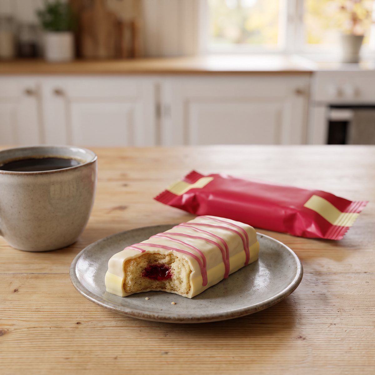 ProPud Protein Bar Hallongrotta med vit choklad på ett stengodsfat bredvid en kopp kaffe på ett köksbord i trä