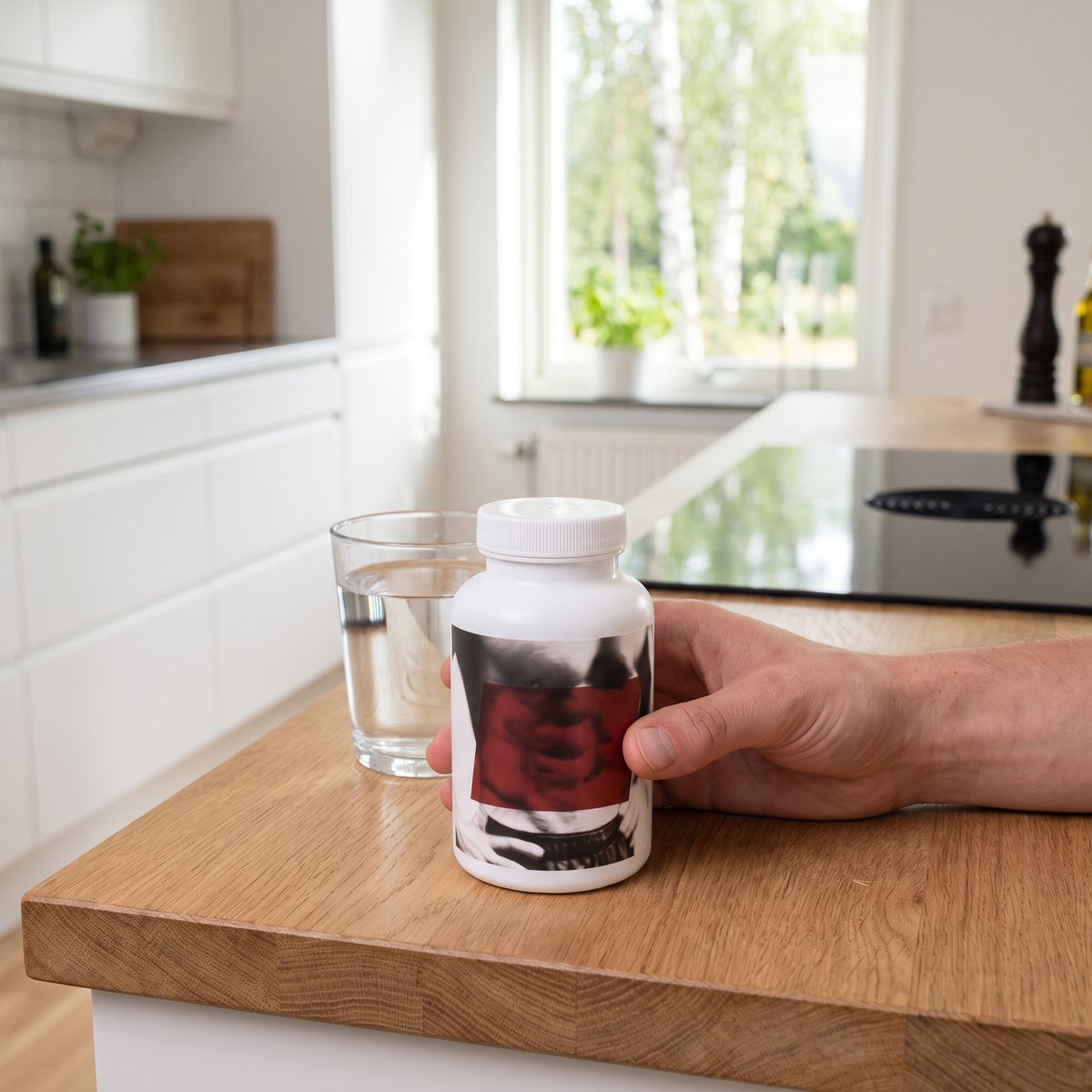 Vit burk med rödsvart etikett hålls i handen vid ett glas vatten i ett svenskt kök med björkar utanför fönstret