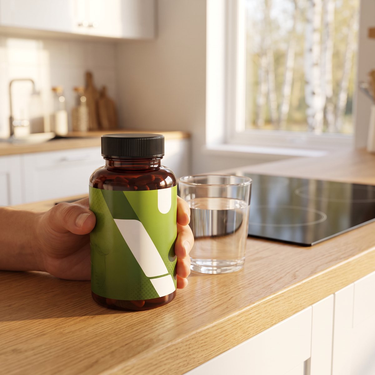 Brun kapselburk med grön etikett på en ljus ekträbänk i ett svenskt kök, med ett glas vatten och en induktionshäll bredvid