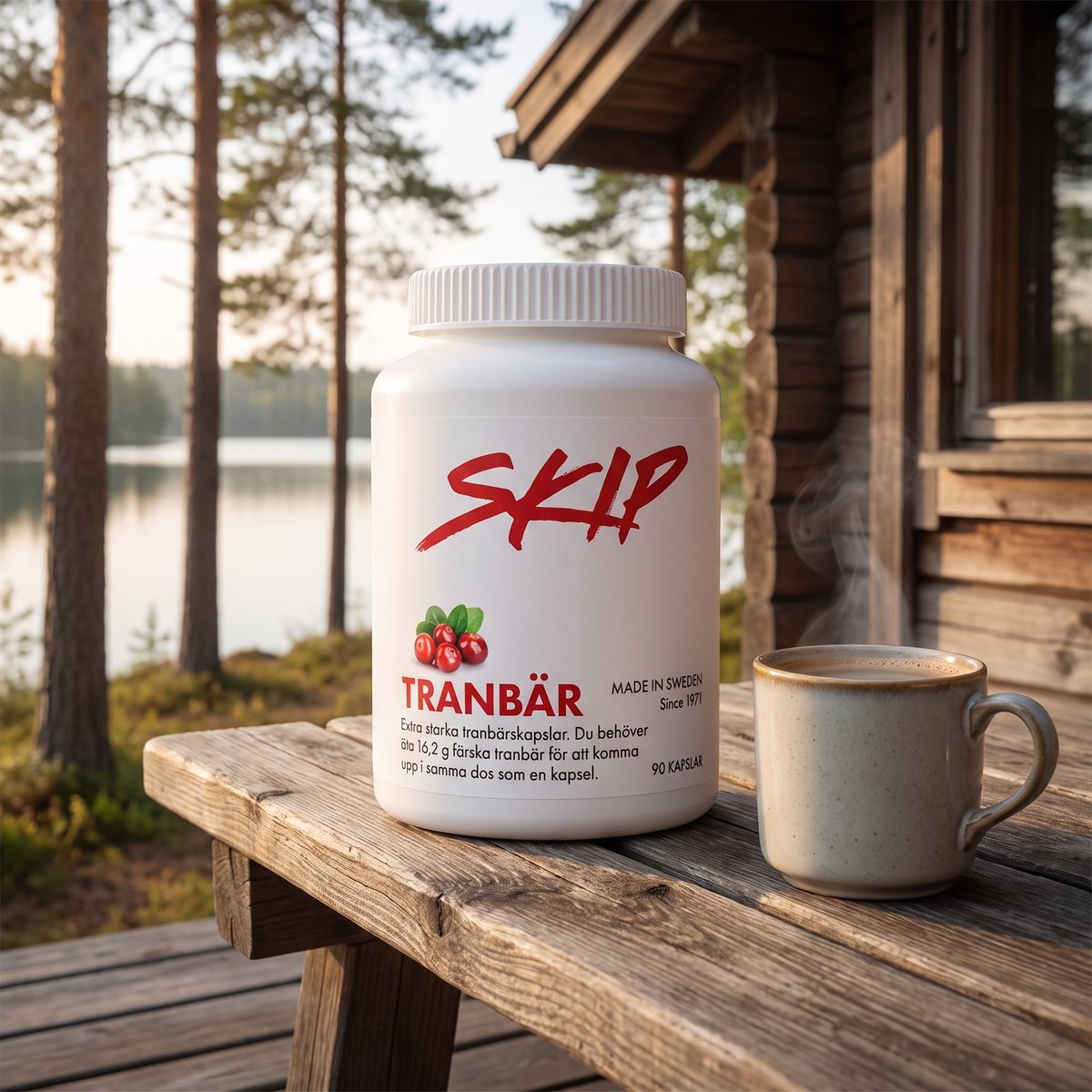 Skip Tranbär på ett träbord på en stugveranda vid en svensk sjö med en kaffekopp bredvid