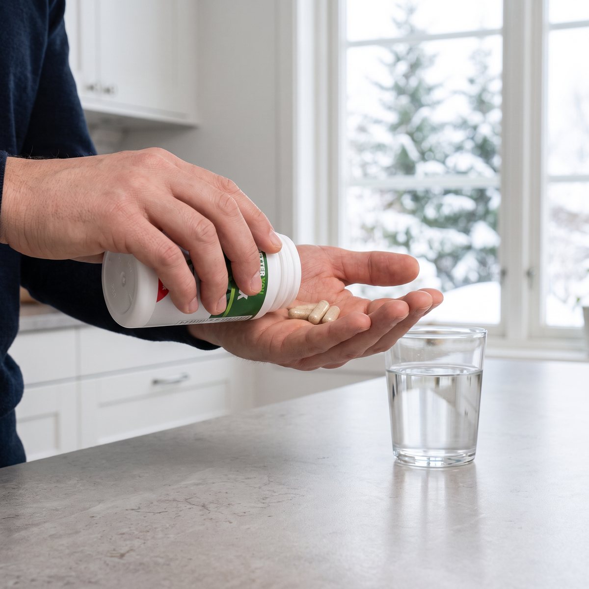 Hand som häller ut kapslar ur en burk Better You Detox i handflatan vid en köksbänk i ett svenskt hem med snöig gran utanför fönstret