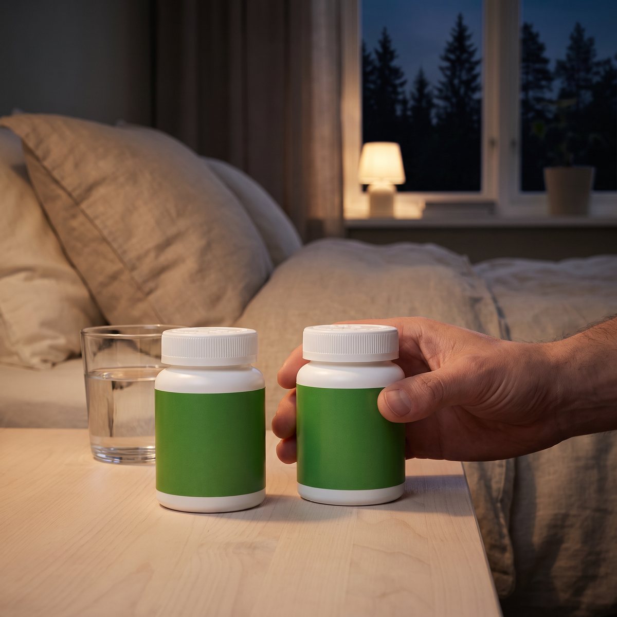 Två vita burkar med Healthwell Detoxkapslar för morgon och kväll på ett sängbord i ett svenskt sovrum, med vattenglas och en hand som håller kvällsburken