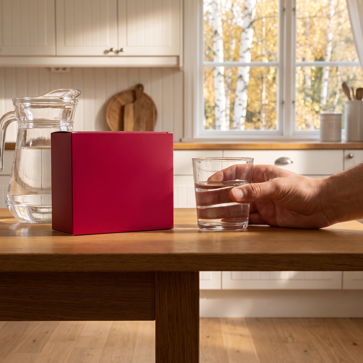 Röd kartong med Nordbo Pure Cleanse på ett köksbord i ett svenskt kök, med vattenkaraff och en hand som håller ett glas vatten