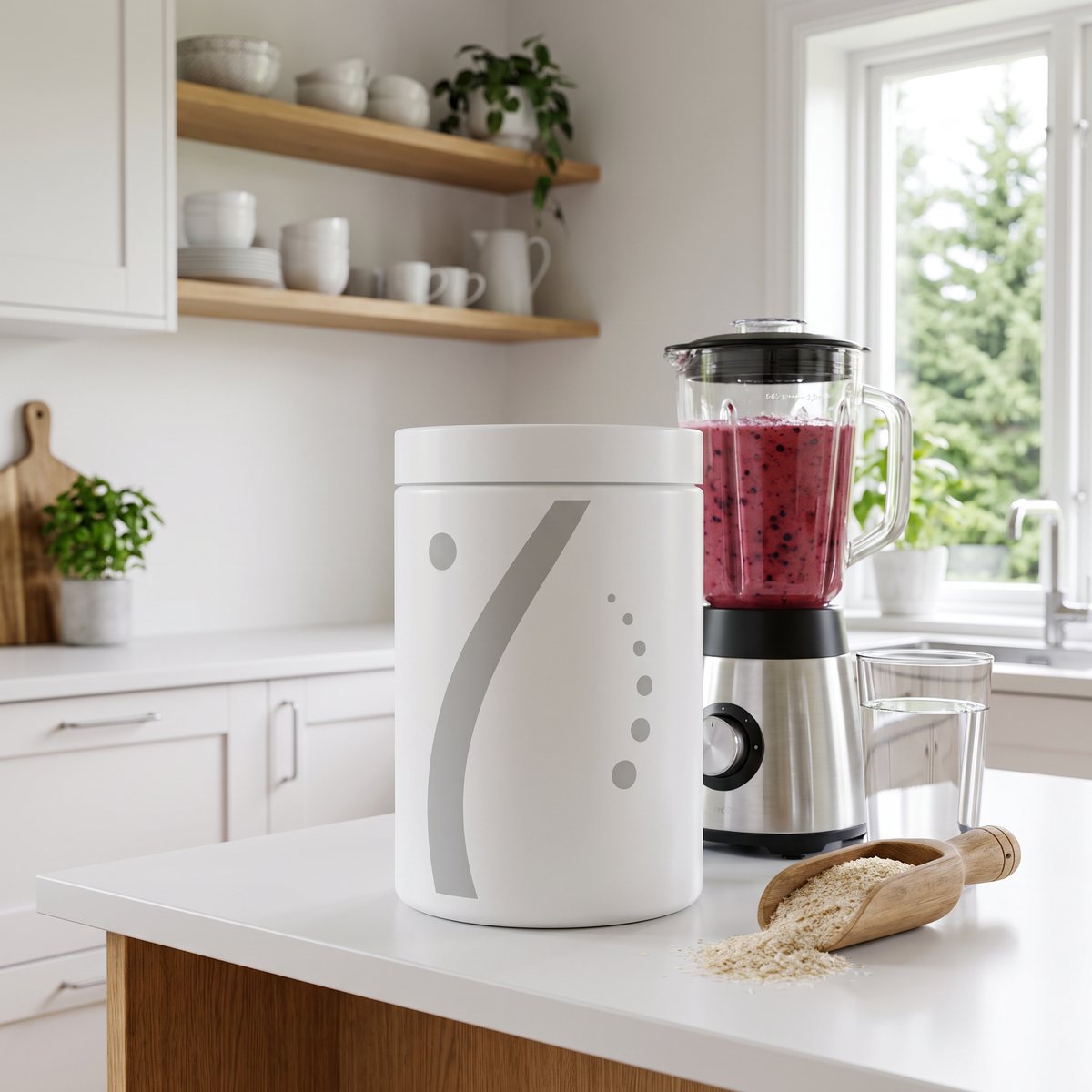 Holistic-burk med psylliumfröskal på en köksbänk bredvid en bärsmoothie i en mixer i ett svenskt kök