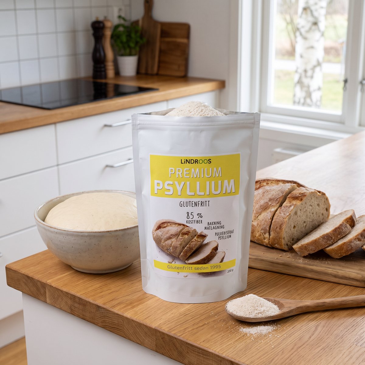 Förpackning med Lindroos Premium Psyllium på en träbänk i ett svenskt kök, bredvid en skål med brödsmet och ett skivat bröd