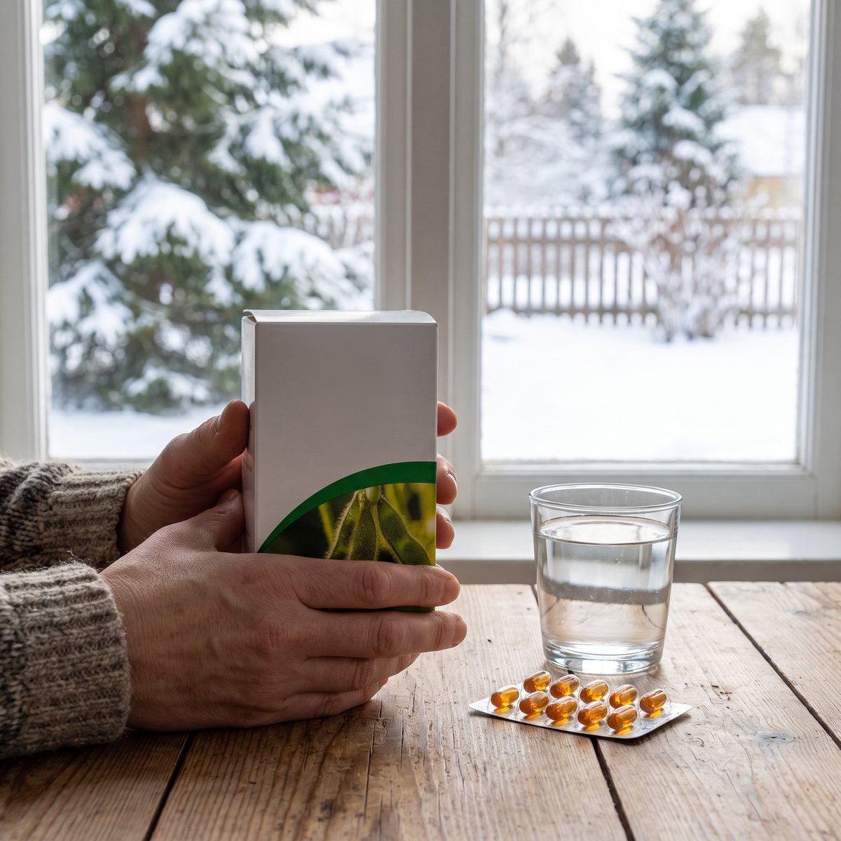 Vit kartong med lecitinkapslar, ett glas vatten och ett kapselkartela vid ett träbord med utsikt mot snöig gran
