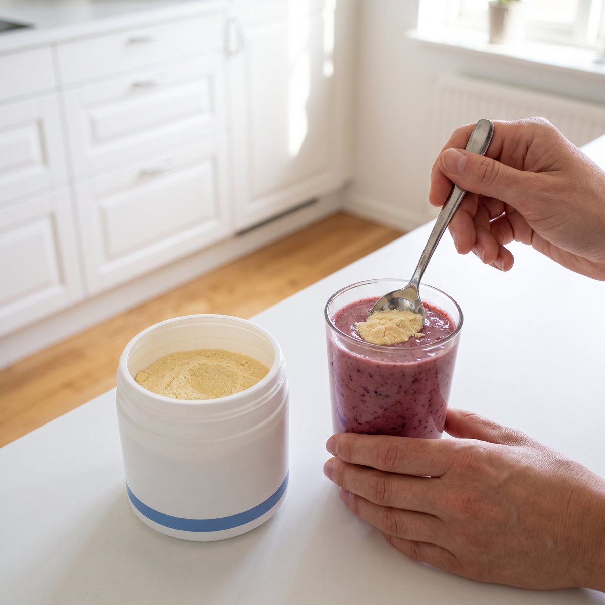Burk med solroslecitinpulver bredvid ett glas smoothie där en sked pulver rörs ner, i ett svenskt kök