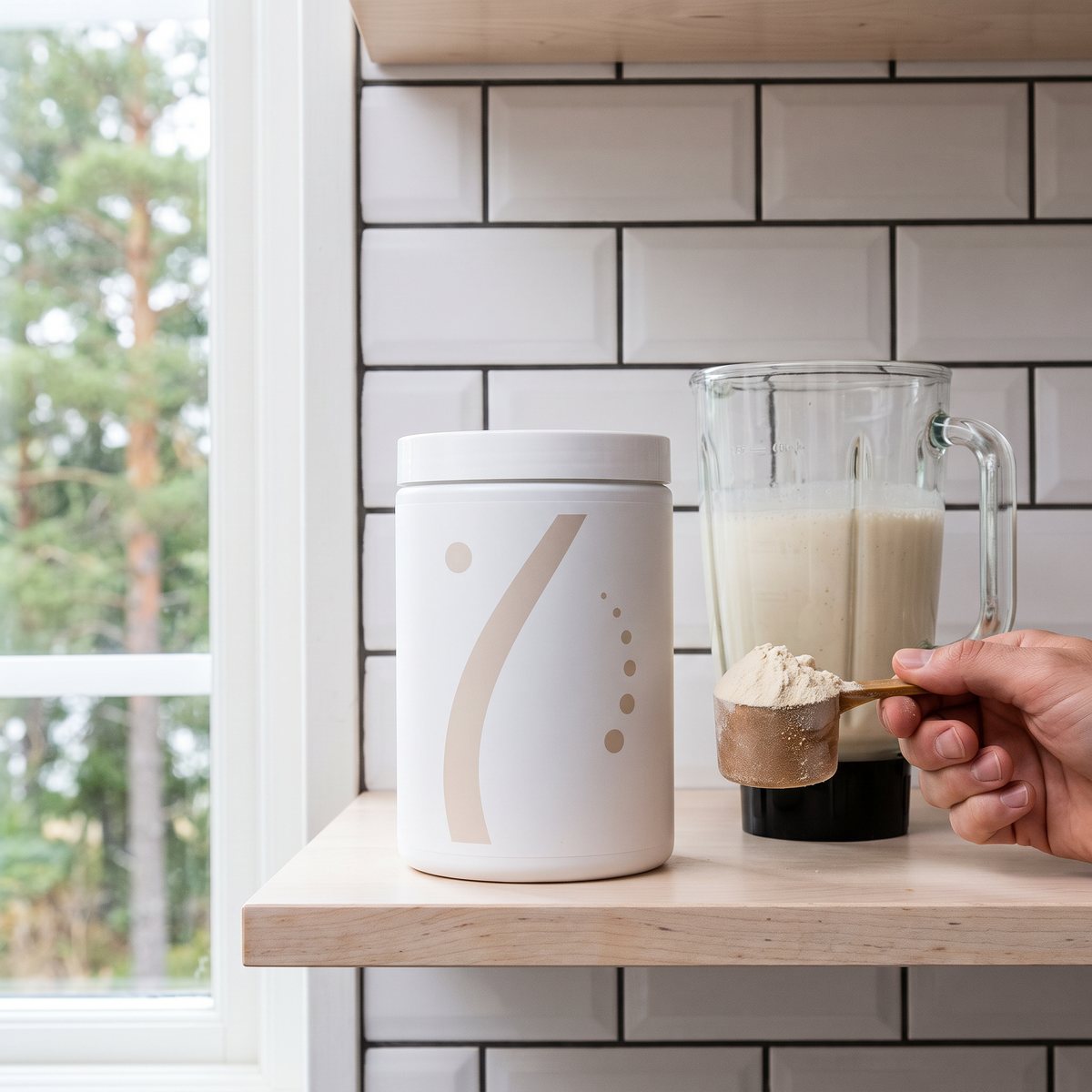 Vit burk med solroslecitin bredvid en mixer med shake och en mätsked pulver i ett svenskt kök med kakel