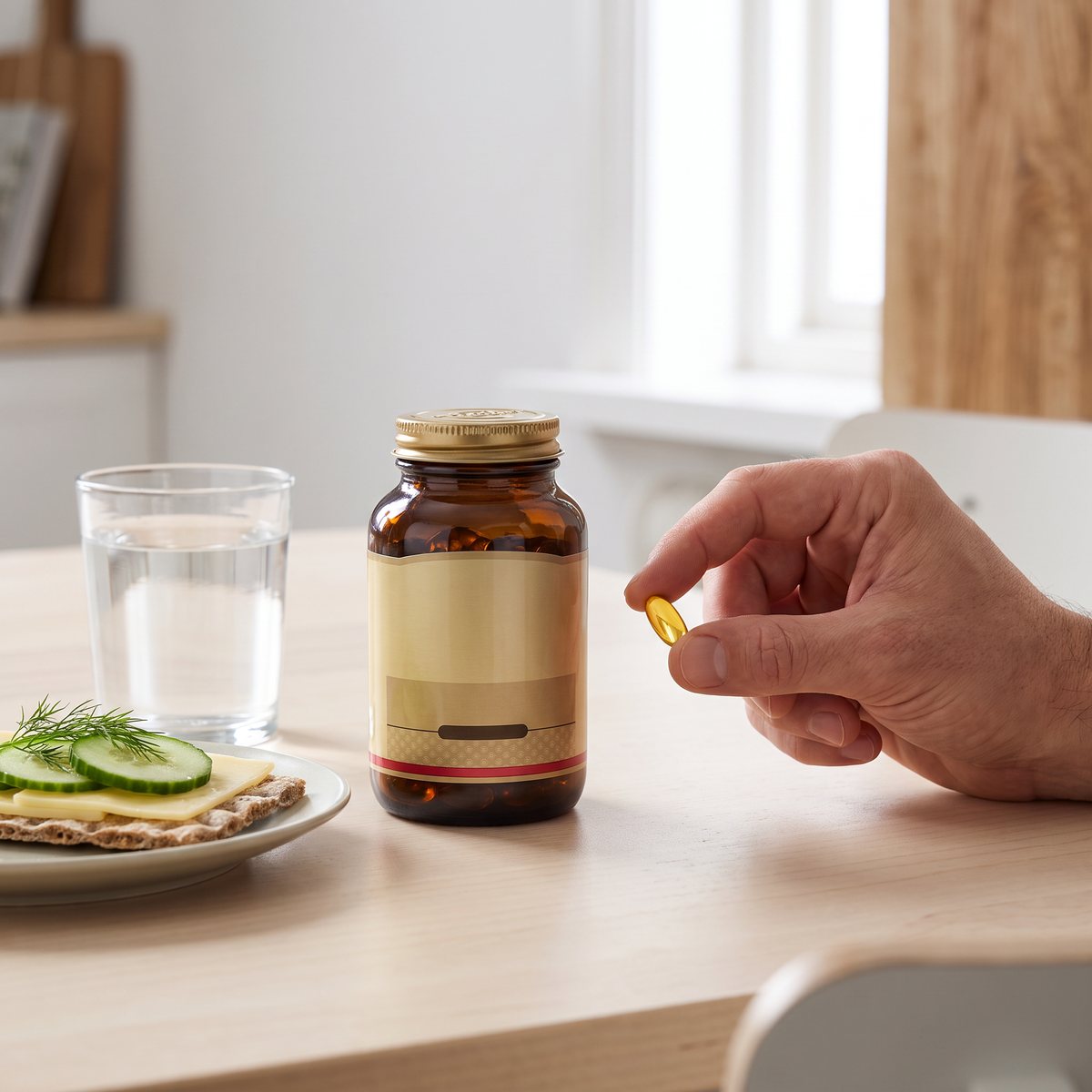 Brun glasburk med lecitinkapslar, ett glas vatten och en hand som håller en gyllene kapsel vid ett frukostbord i ett svenskt hem