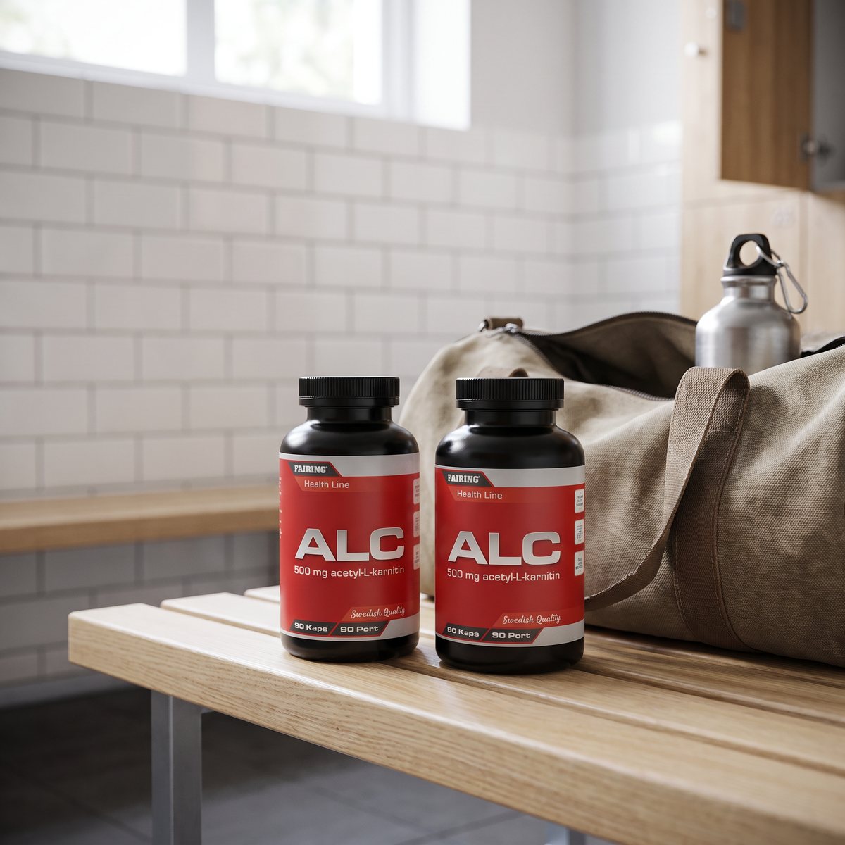 Två svarta burkar Fairing ALC med röd etikett på en bänk i ett svenskt omklädningsrum bredvid en gymbag