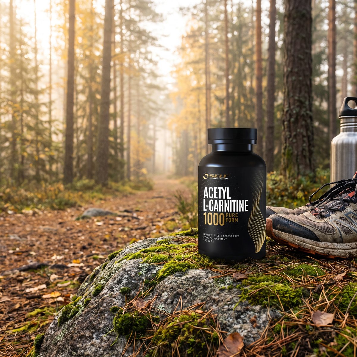 SELFs svarta burk Acetyl L-Carnitine 1000 på en mossbeklädd granitsten i svensk tall- och granskog på hösten