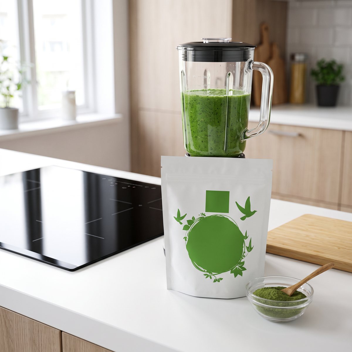 Vit påse med nässelpulver och en smoothie i mixer i ett svenskt kök