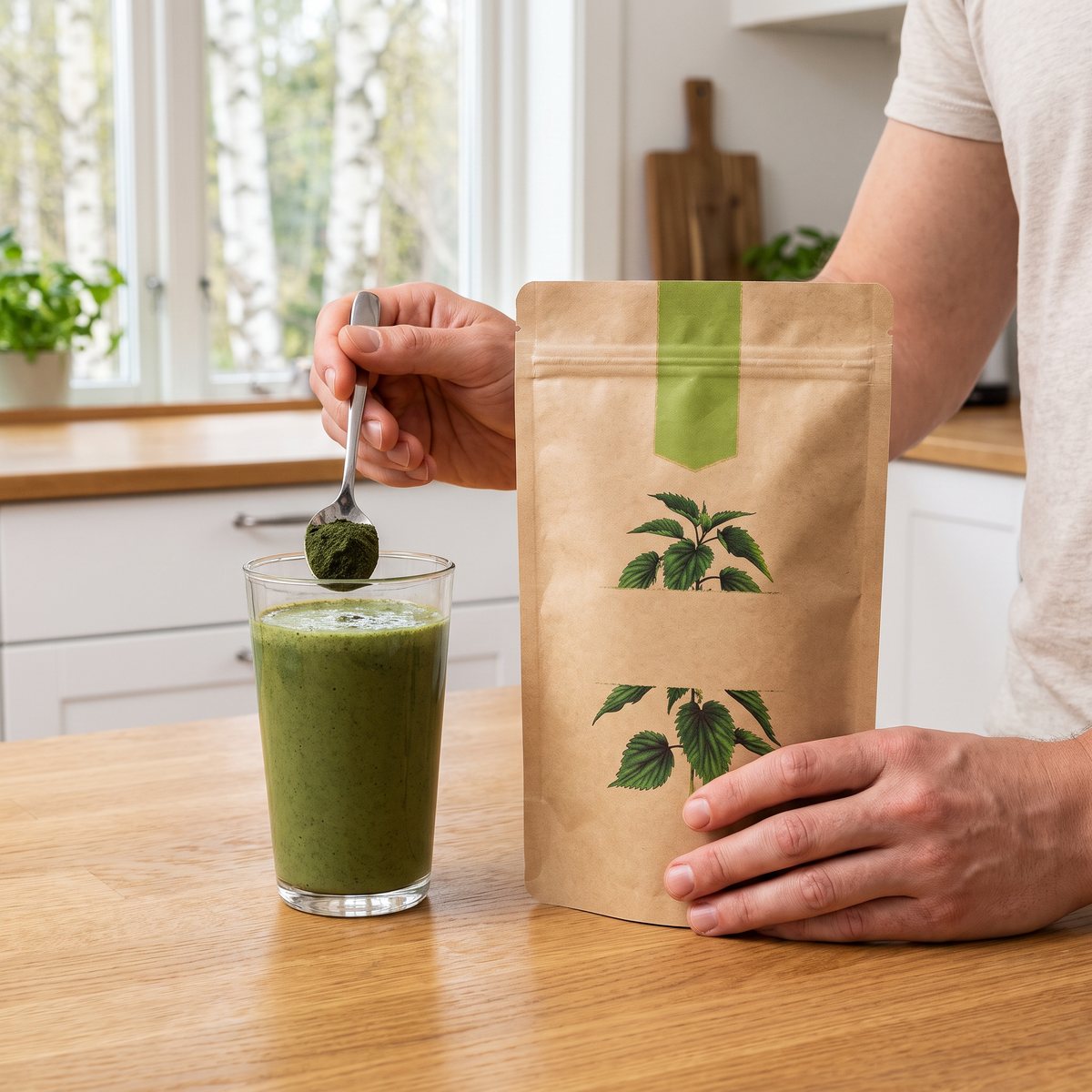 Påse med nässelpulver bredvid ett glas grön smoothie i ett svenskt kök