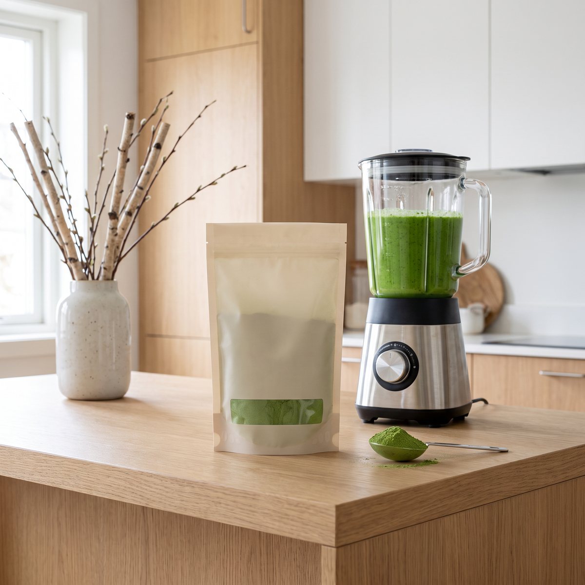 Mother Earth Korngräspulver i påse med fönster på en köksö i trä i ett svenskt kök bredvid en mixer med grön smoothie