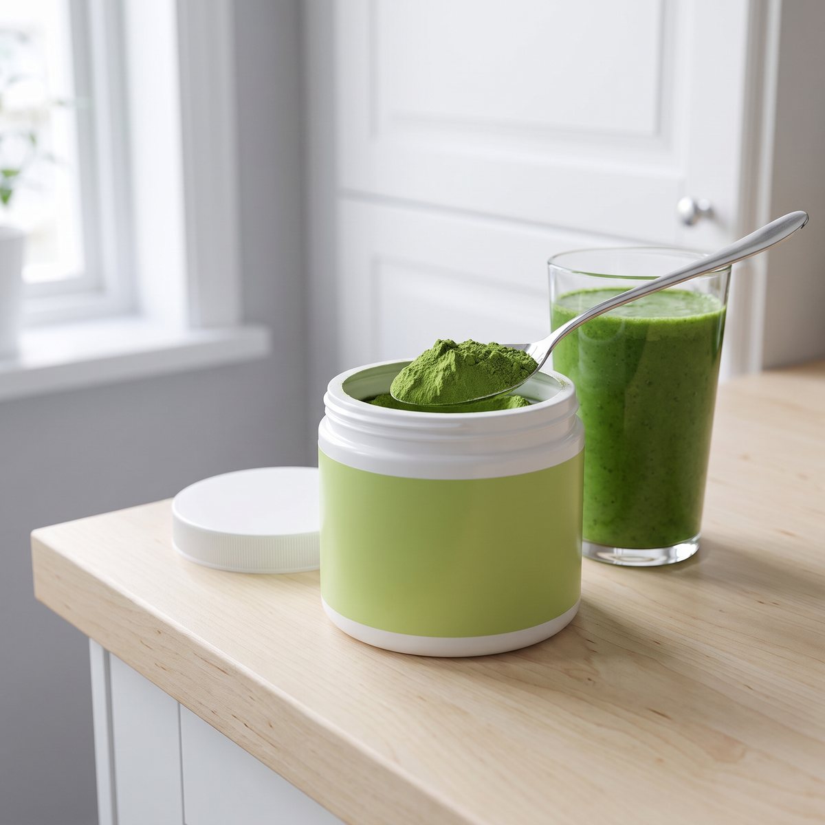 Närokällan Korngräsjuicepulver i vit burk med grönt korngräspulver på en sked bredvid ett glas grön smoothie på en köksbänk i ett svenskt kök