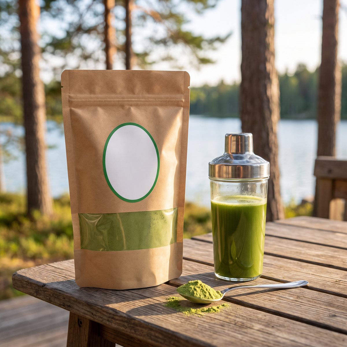 Powerfruits Ekologiskt Korngräs i kraftpappersdoypack på ett träbord vid en svensk sjö med tallar, bredvid en shaker med grön korngräsdrink