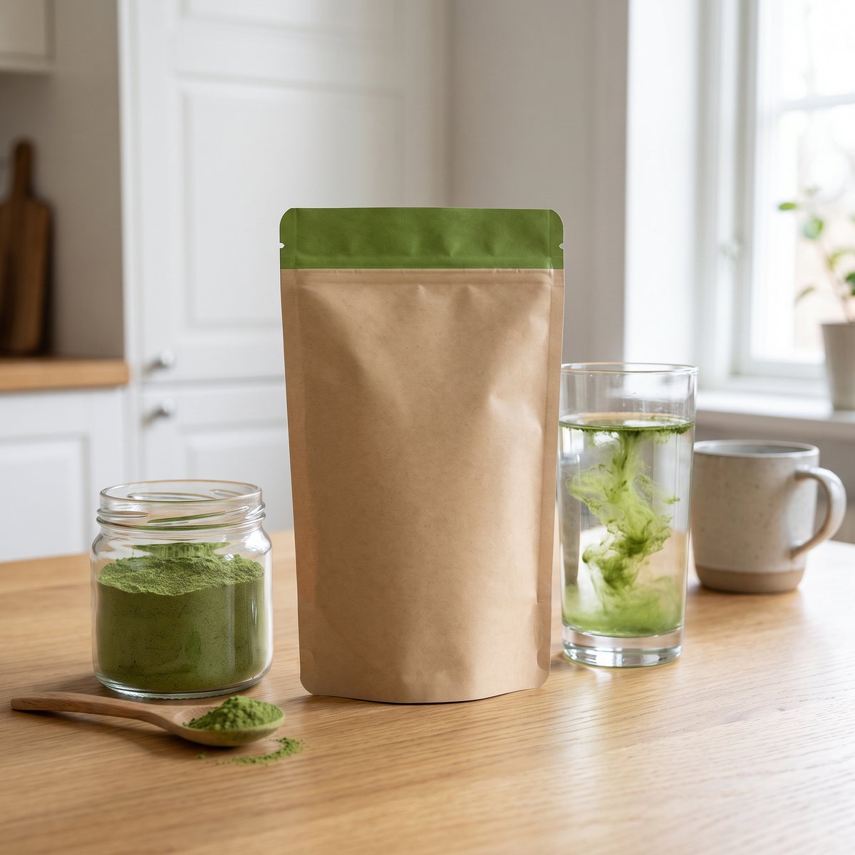 Rawpowder Ekologiskt Korngräs i kraftpappersdoypack på ett ekbord i ett svenskt kök bredvid ett glas vatten med inrört korngräspulver
