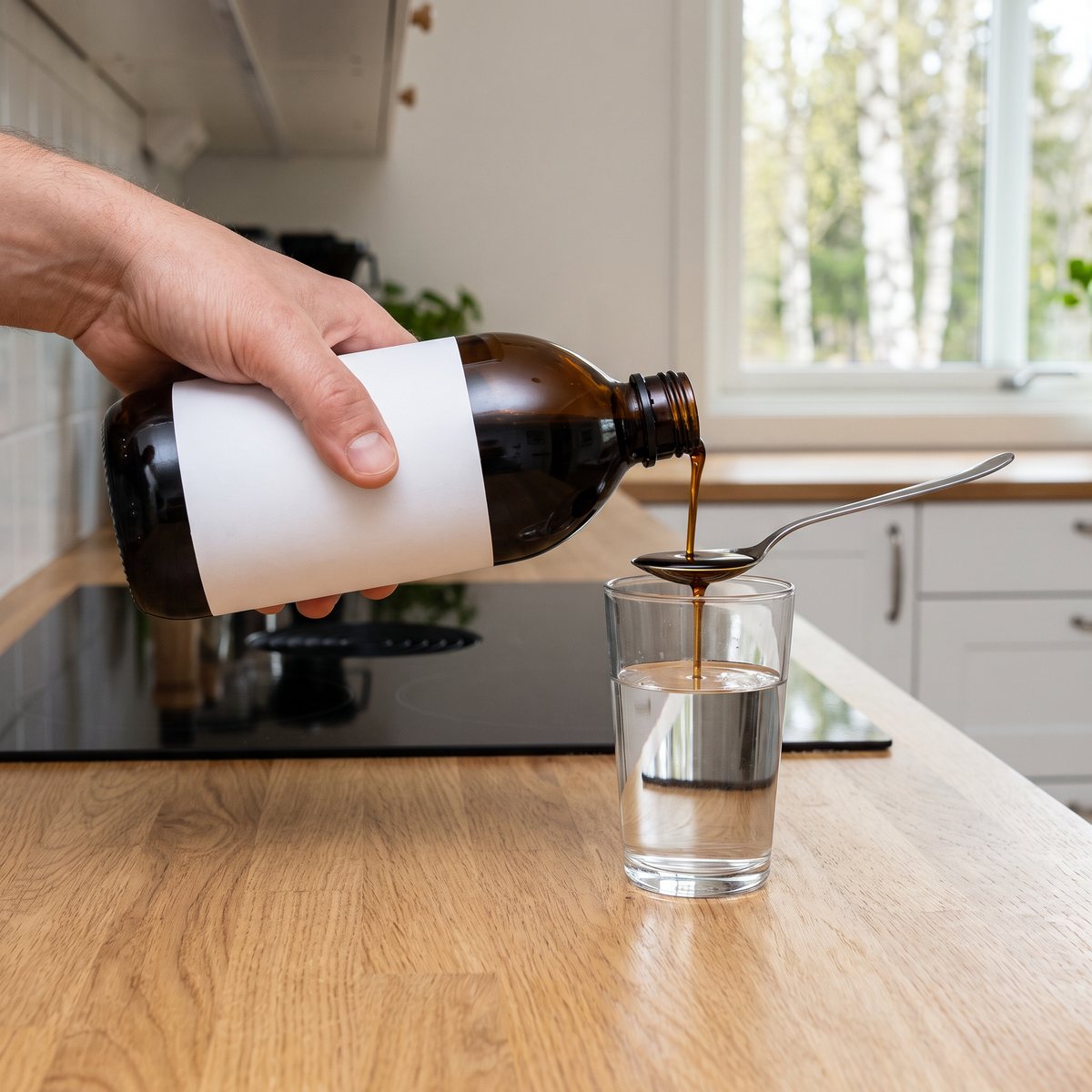 Mörk glasflaska med björkaskaextrakt som hälls i ett vattenglas i ett svenskt kök med induktionshäll