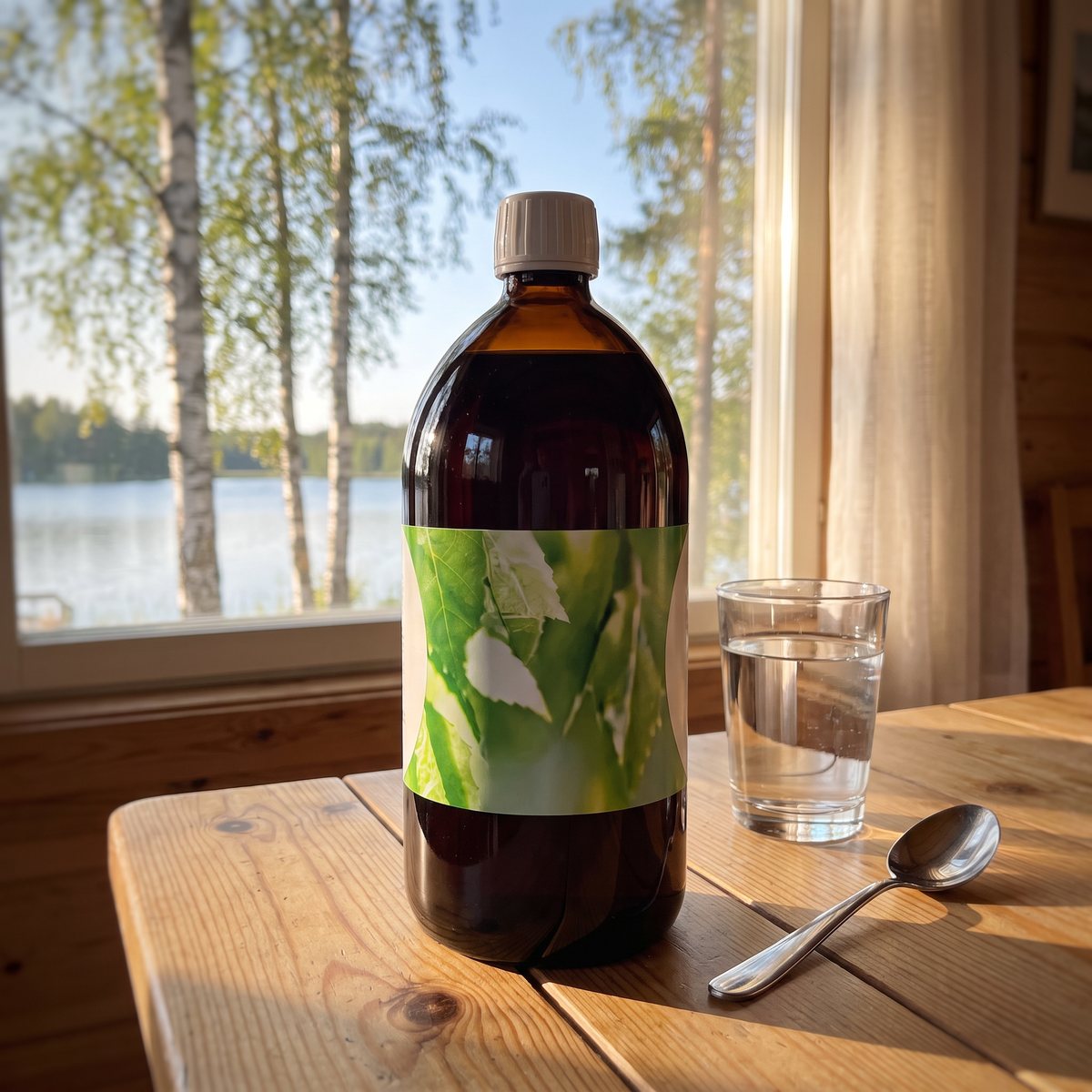 Mörk glasflaska med björkaskaextrakt bredvid vattenglas på ett furubord i en svensk stuga vid en sjö