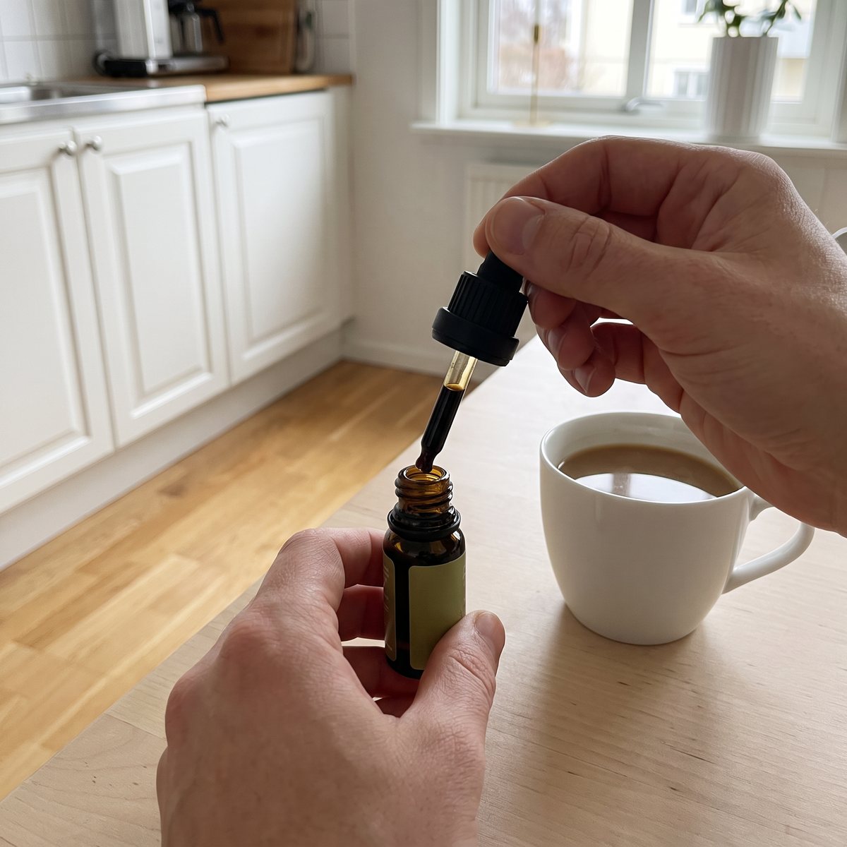 Mörk glasflaska med pipett, Cannaone CBD-olja 10 %, på ett köksbord i ett svenskt kök