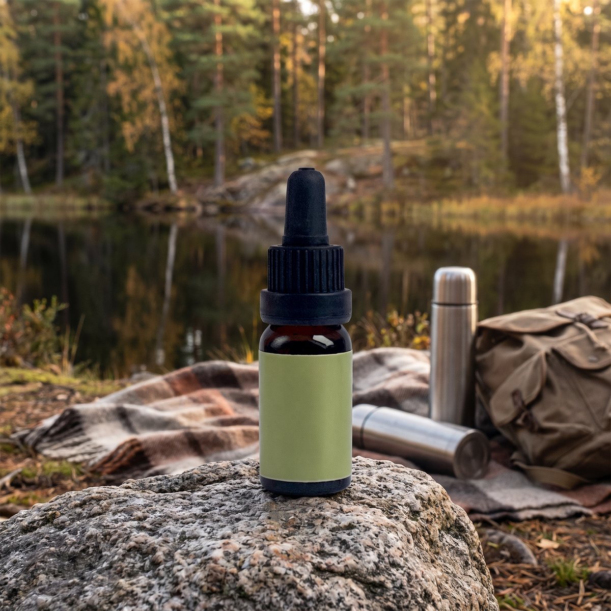 Cannaone CBD-olja 40 % på en granitklippa vid en svensk skogssjö