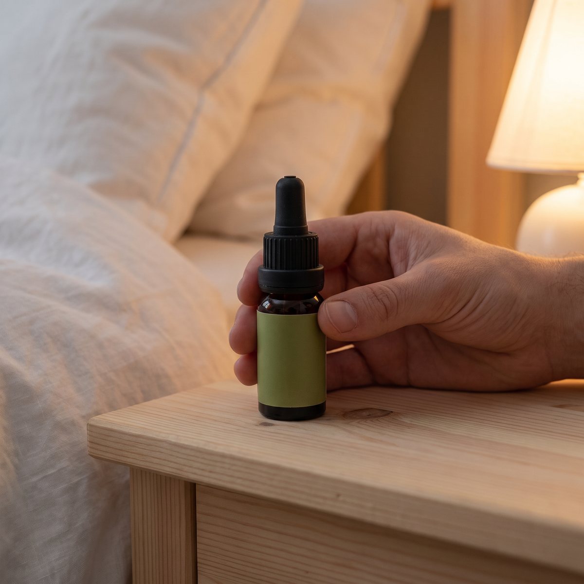 Hand som håller Cannaone CBD-olja 5 % vid en sängbordslampa i ett svenskt sovrum