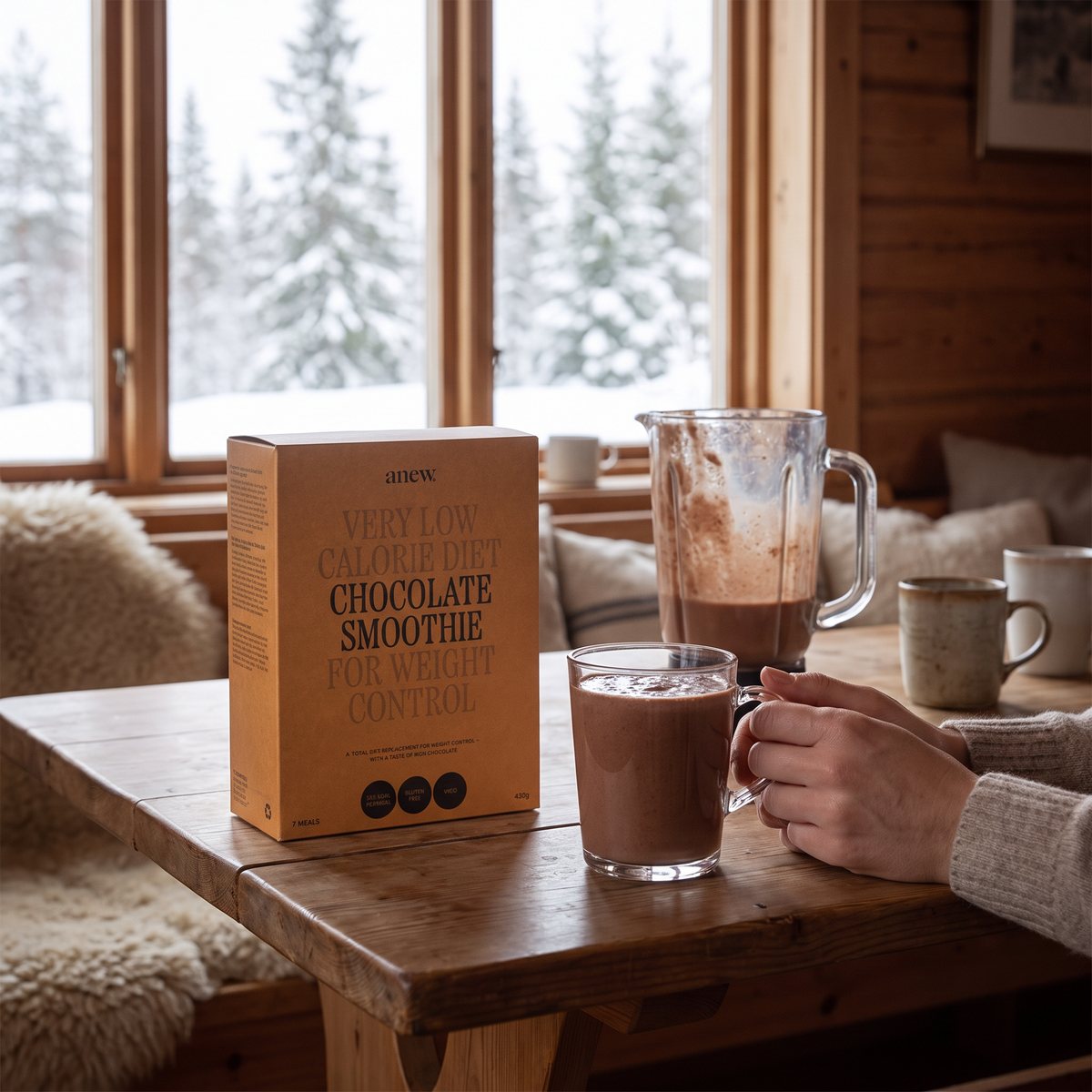 Anew Chocolate Smoothie-kartong med ett glas chokladsmoothie på ett träbord i ett svenskt hus på vintern