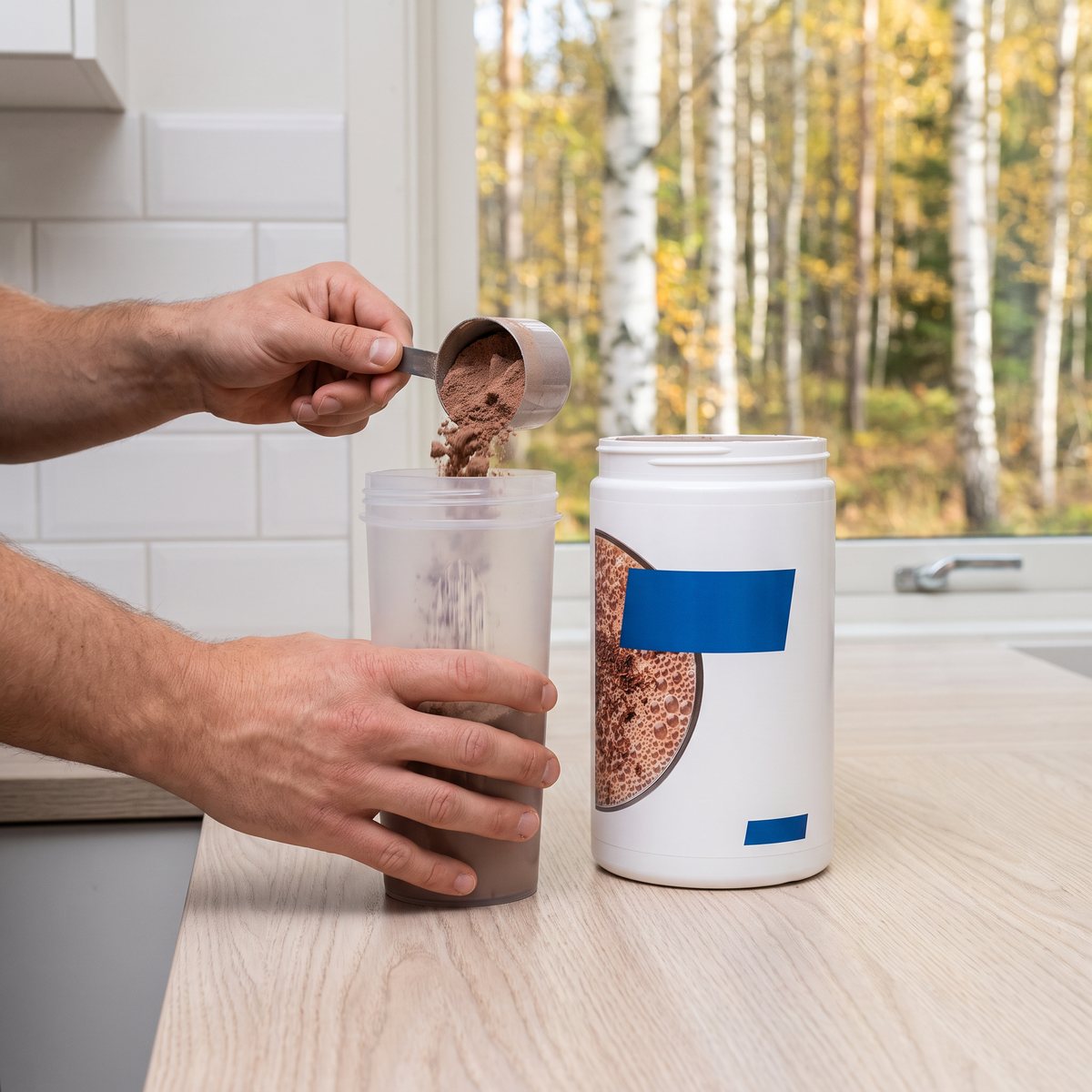 Diet Shake Choklad-burk med en skopa pulver och shaker på en köksbänk i ett svenskt kök