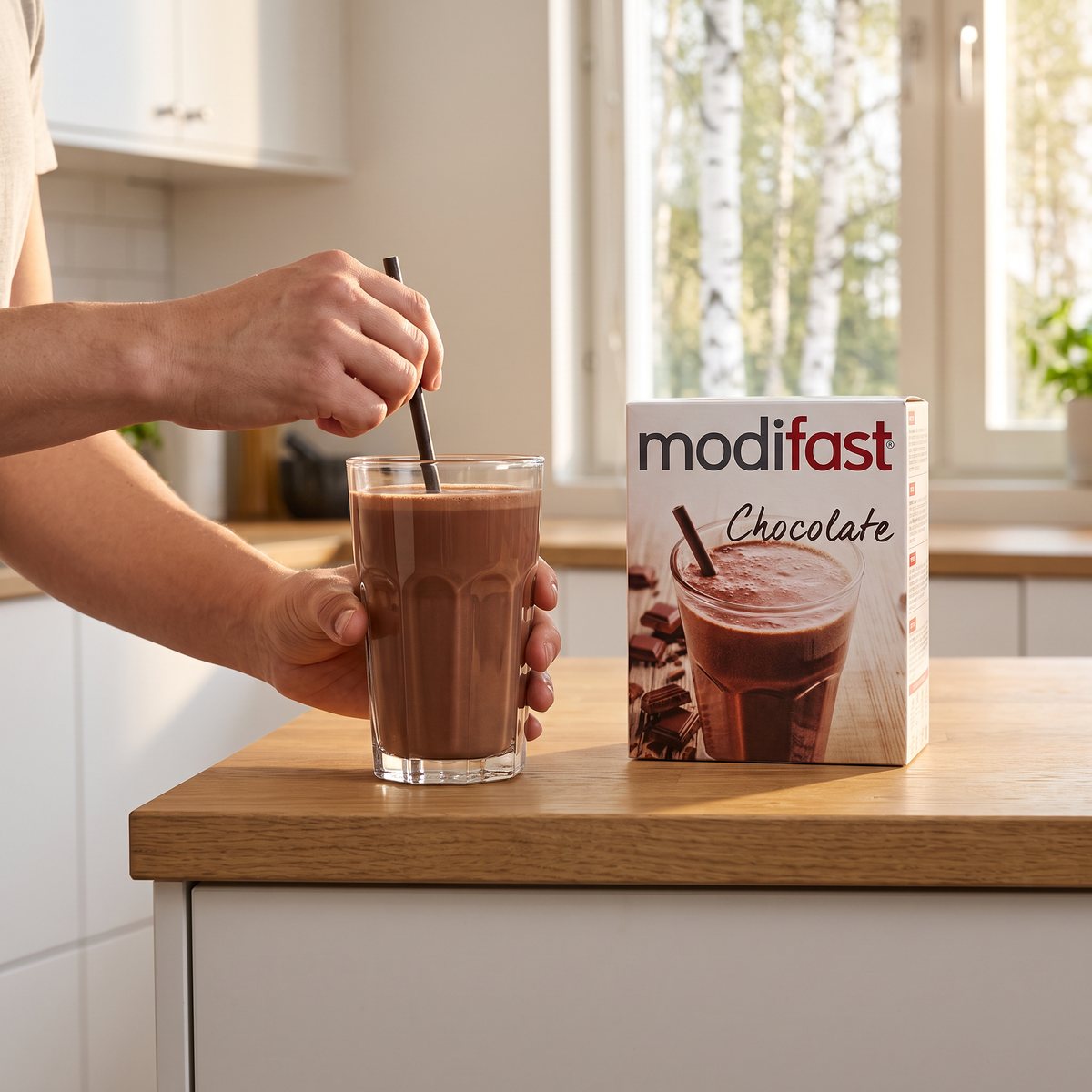 Modifast Low Calorie Diet-kartong med ett glas chokladshake på en köksbänk i ett svenskt kök