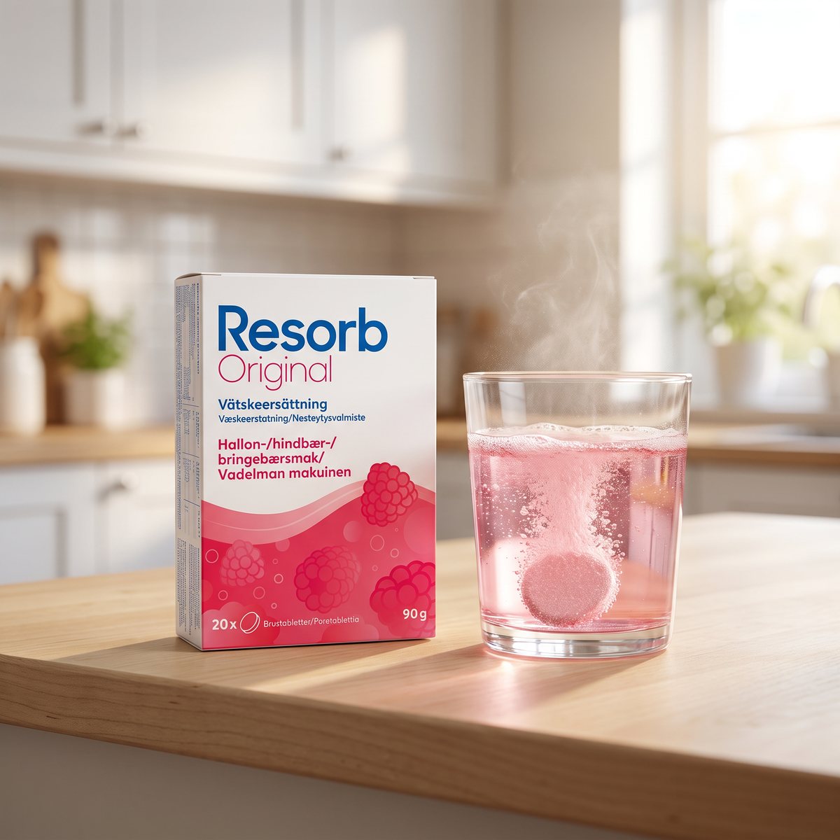 Resorb Original Hallon: brustablett som löses upp i ett glas rosa vatten på en köksbänk i ett svenskt hem.