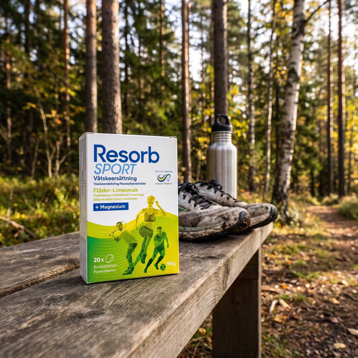 Resorb Sport Fläder-Lime: förpackningen på en träbänk vid en skogsstig med tall och björk, löparskor och vattenflaska bredvid.