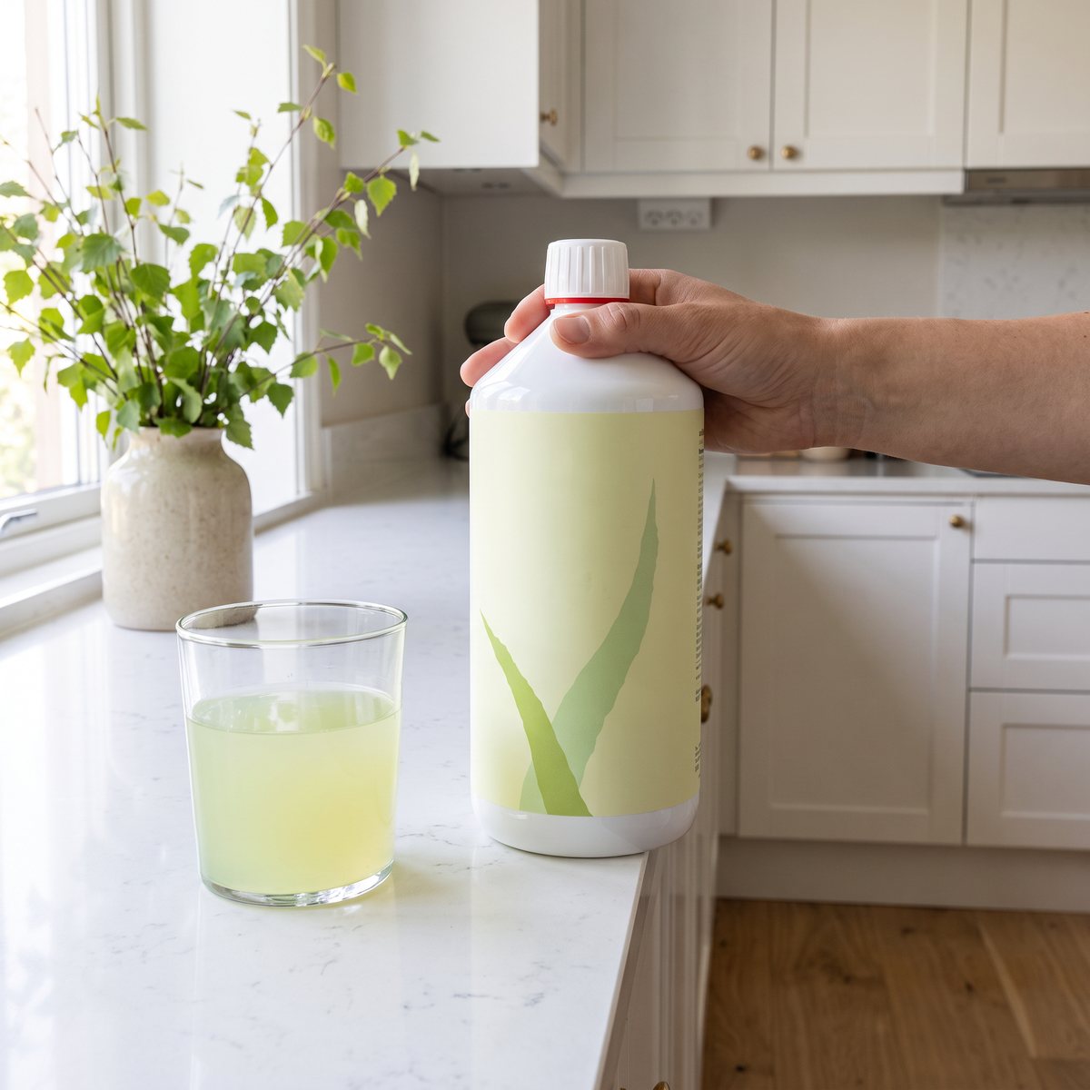 Avivir Aloe Vera Drik Naturel, vit flaska med ljusgrön etikett, bredvid ett glas aloejuice i ett svenskt kök