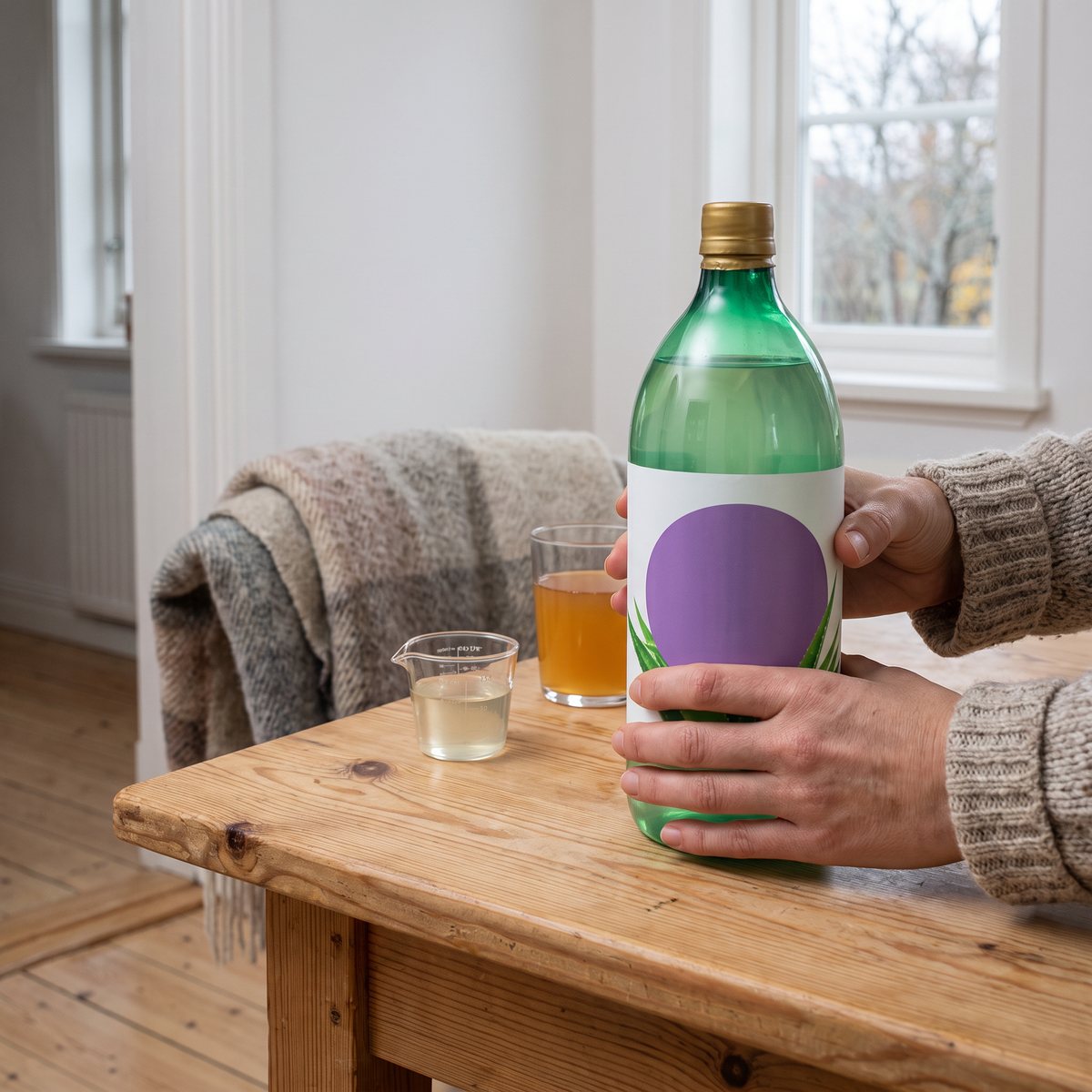 Lifestream Aloe Vera Juice, grön flaska med guldlock, på ett matbord i ett svenskt hem
