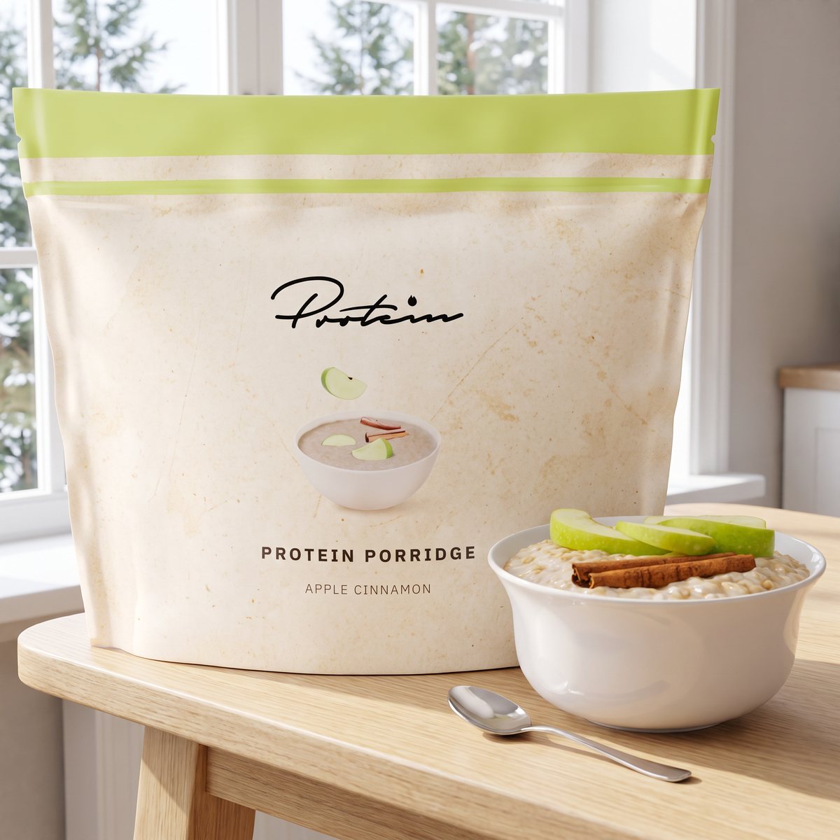 Protein.se Proteingröt bredvid en skål gröt med äppelskivor och kanelstång på ett ljust träbord i ett svenskt hem