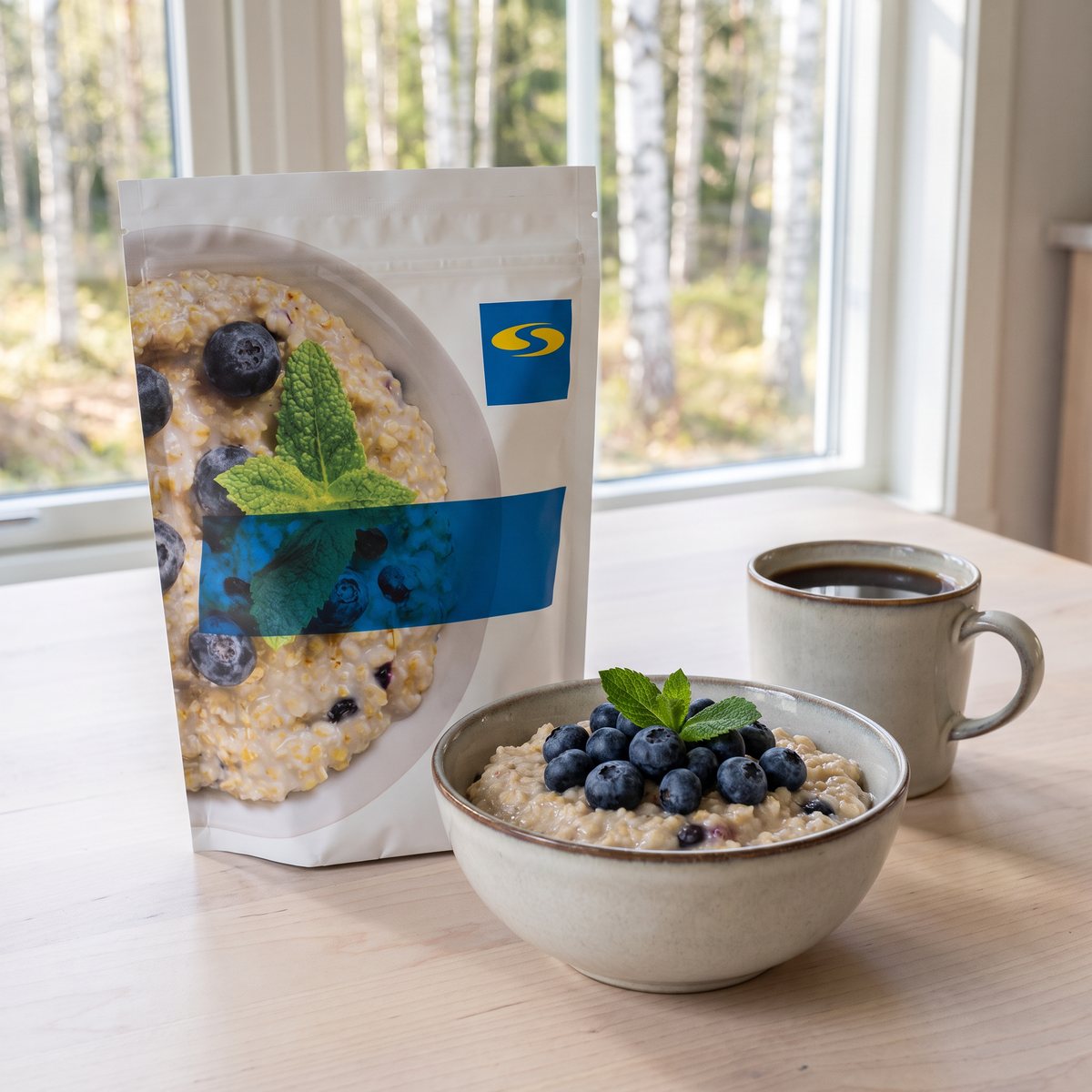Svenskt Kosttillskott Proteingröt med blåbär bredvid en skål gröt och en kaffekopp vid ett fönster mot björkskog