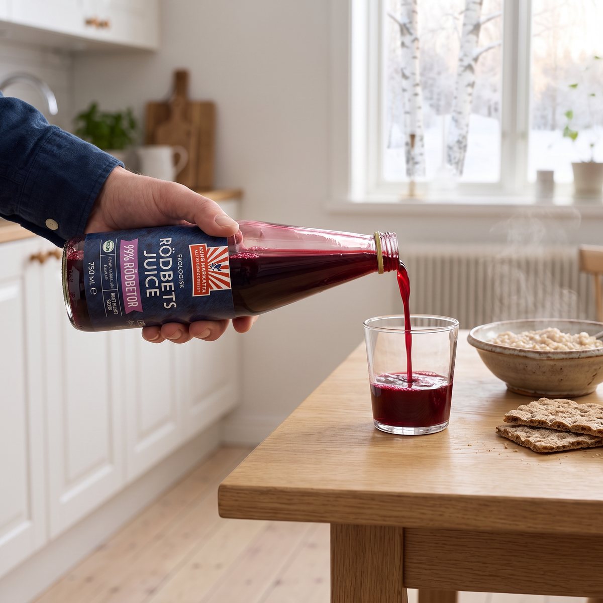 Kung Markatta Rödbetsjuice hälls upp i ett glas vid frukostbordet i ett ljust svenskt kök med vinterbjörkar utanför fönstret