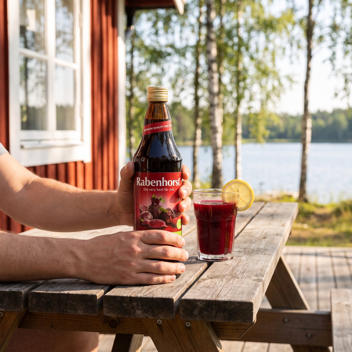 Rabenhorst Rödbetsjuice på ett trädgårdsbord på verandan till en röd sommarstuga vid en sjö, med ett glas juice och en citronskiva