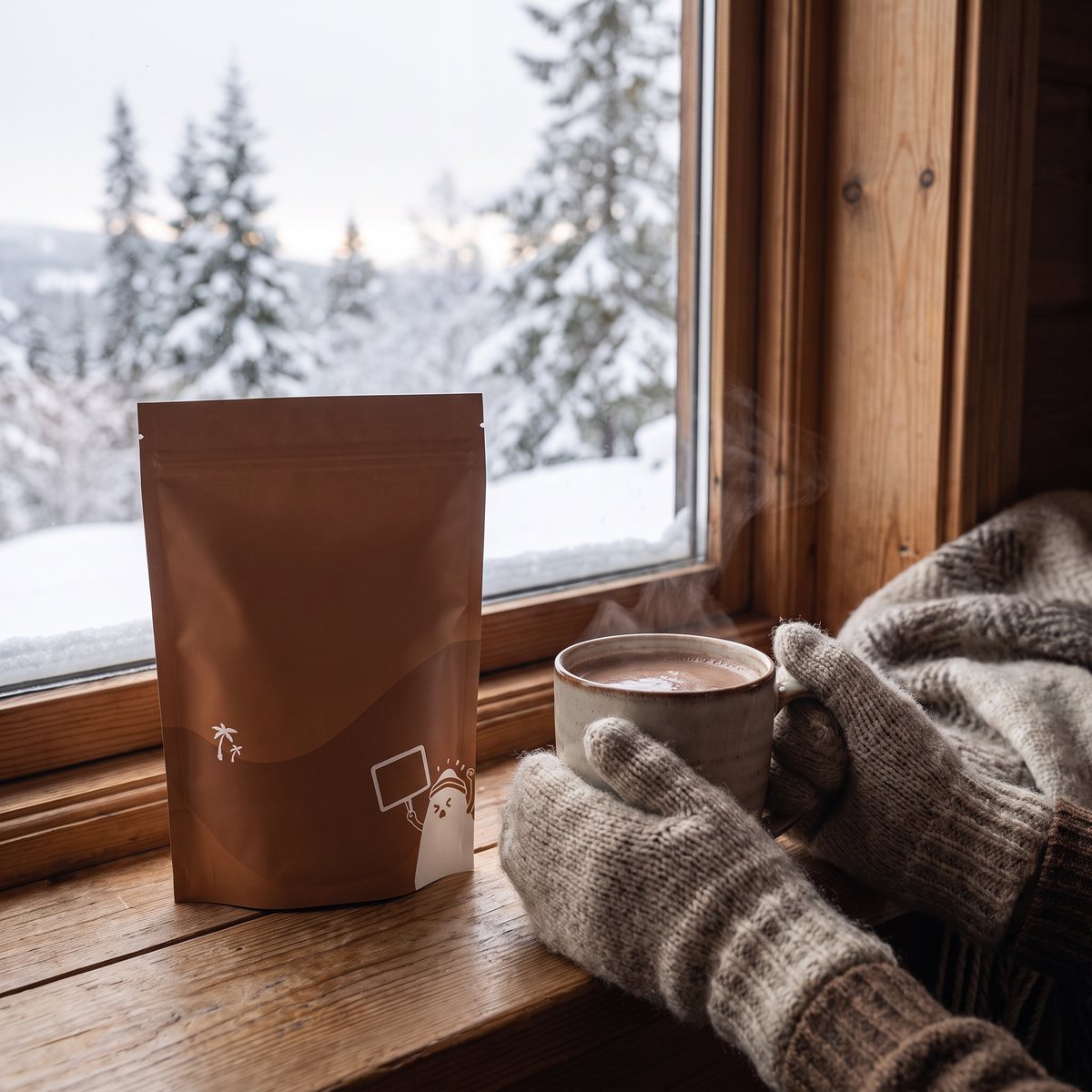 The Friendly Fat Company C8 MCT-pulver Chocolate i brun påse bredvid en varm kopp choklad vid ett fönster mot snötäckta granar