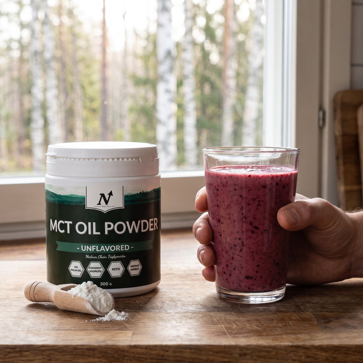 Nyttoteket MCT Oil Powder burk bredvid ett glas bärsmoothie och en träsked med pulver vid ett fönster mot björkar