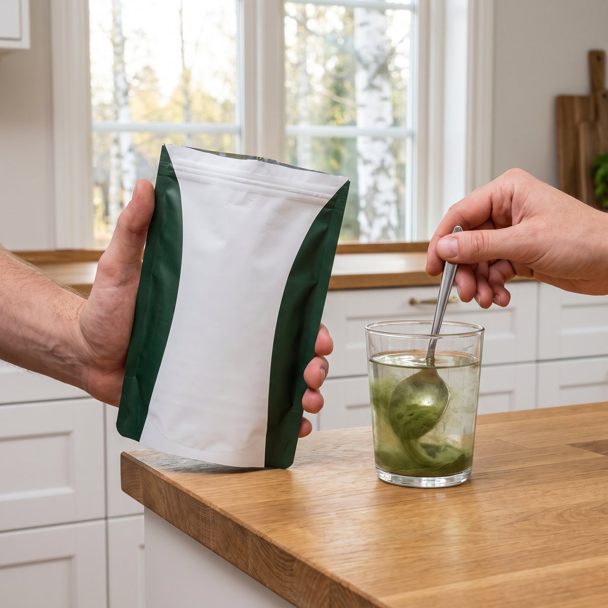 Förpackning med Alpha Plus Super Greens EKO hålls i handen medan greenspulver rörs ut i ett glas vatten i ett svenskt kök