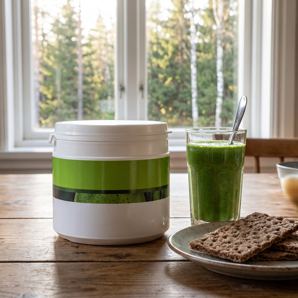 Burk med Better You Grön Boost på ett träbord bredvid ett glas grön dryck och knäckebröd i ett svenskt hem