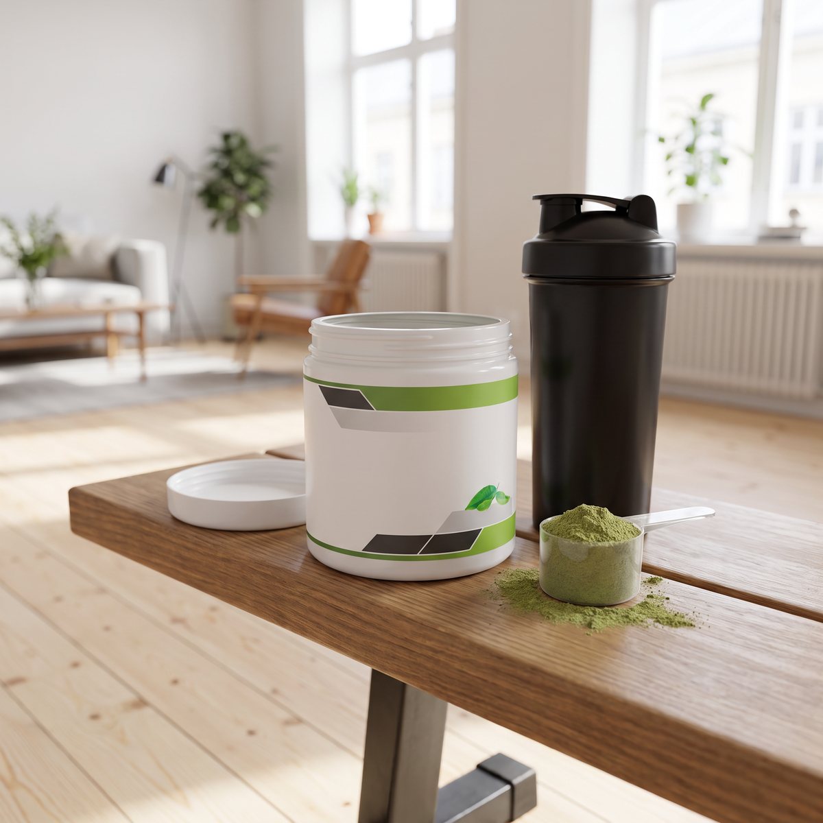 Burk med Fairing Daily Greens bredvid shaker och mått med grönt pulver på en träbänk i en ljus svensk bostad