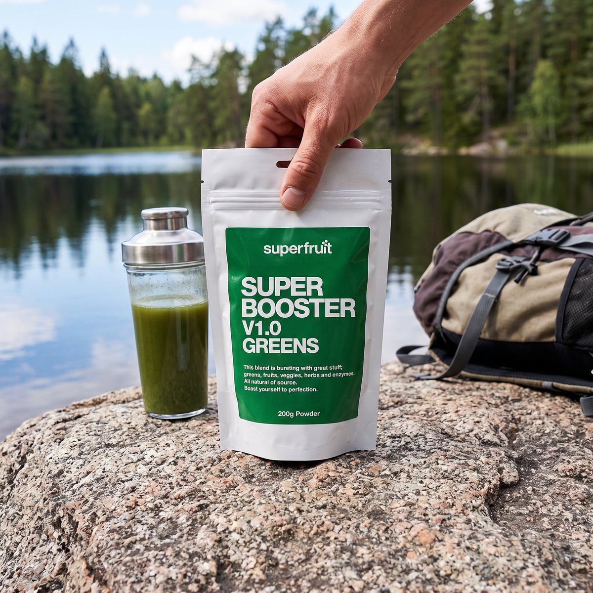 Hand håller påsen med Superfruit Super Booster Greens vid en granithäll och en svensk skogssjö, med shaker och ryggsäck