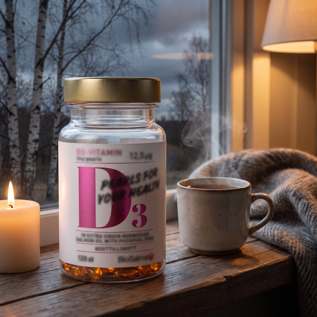 Glasburk med D3-pärlor på en fönsterbräda med tekopp och ljus en mörk höstkväll i en svensk lägenhet