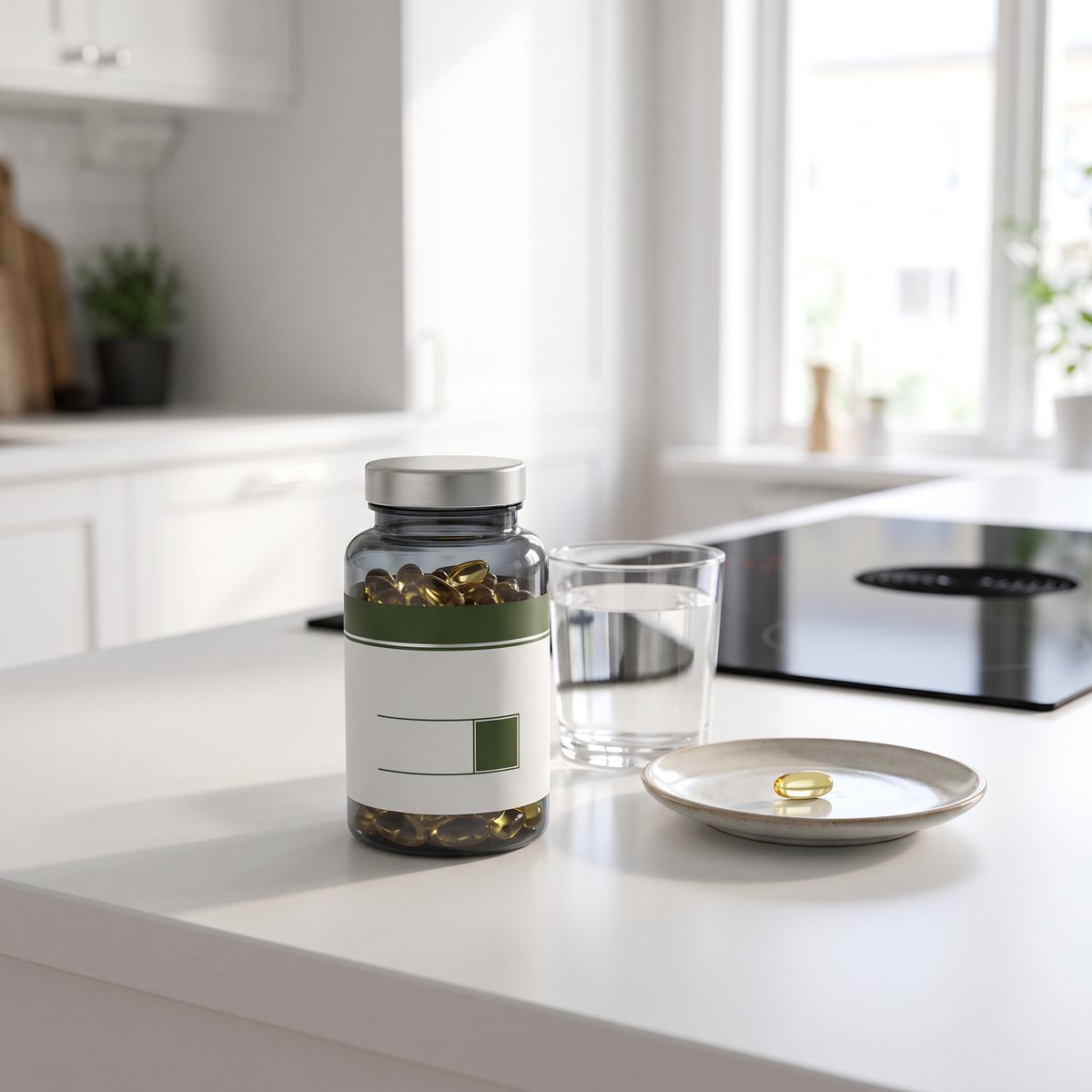 Burk med D3-kapslar på en vit köksbänk bredvid ett glas vatten i ett svenskt kök med induktionshäll
