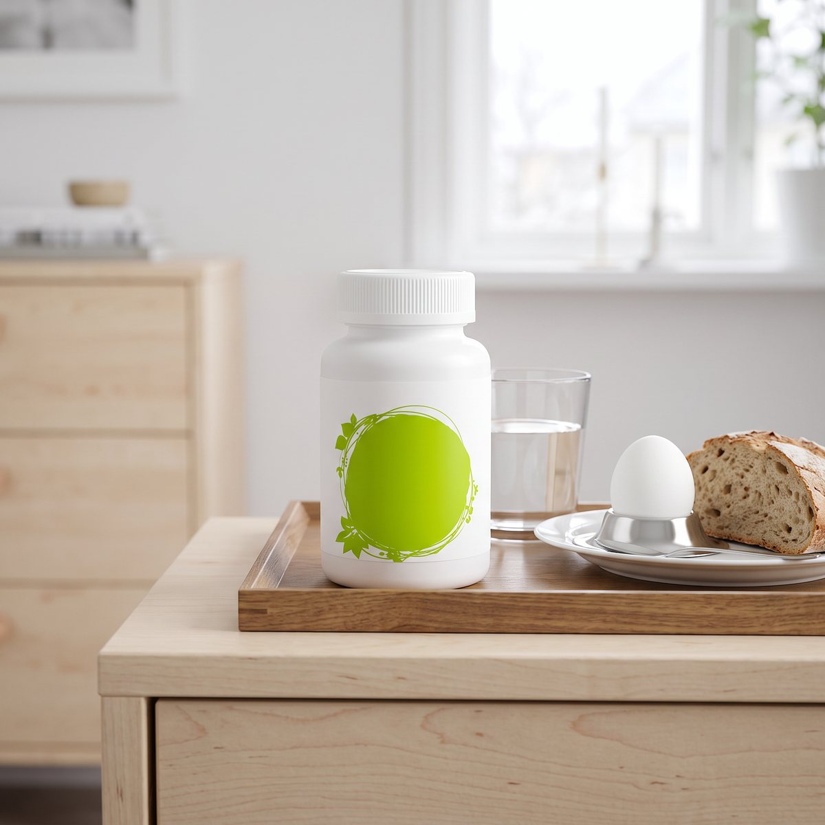 Vit burk med D3-kapslar på en bricka bredvid vatten och frukost i ett ljust svenskt hem